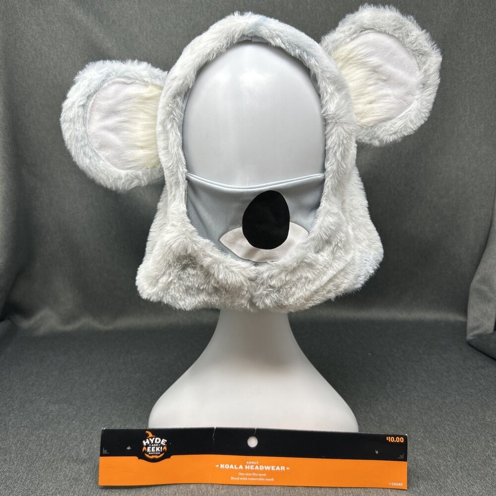 Spirit Halloween White Koala Plush Hood Hat Adult Unisex Costume Mask Fluffy NEW